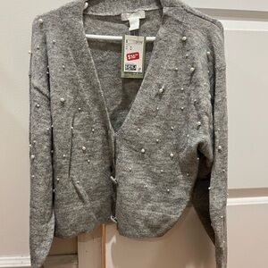 H&M Gray Pearl-Studded Cardigan
